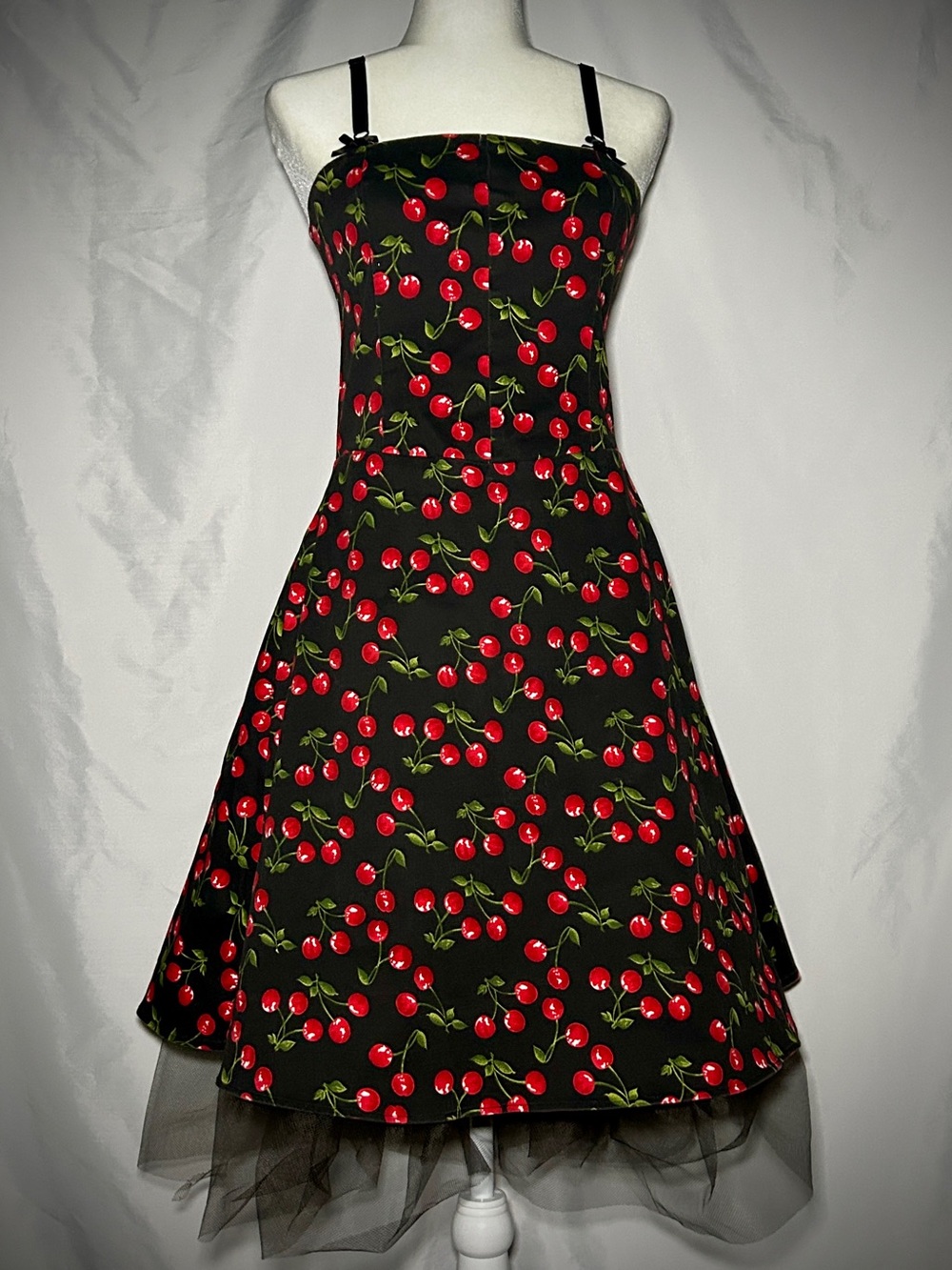 Black Cherry Print Midi Dress with Tulle Hem